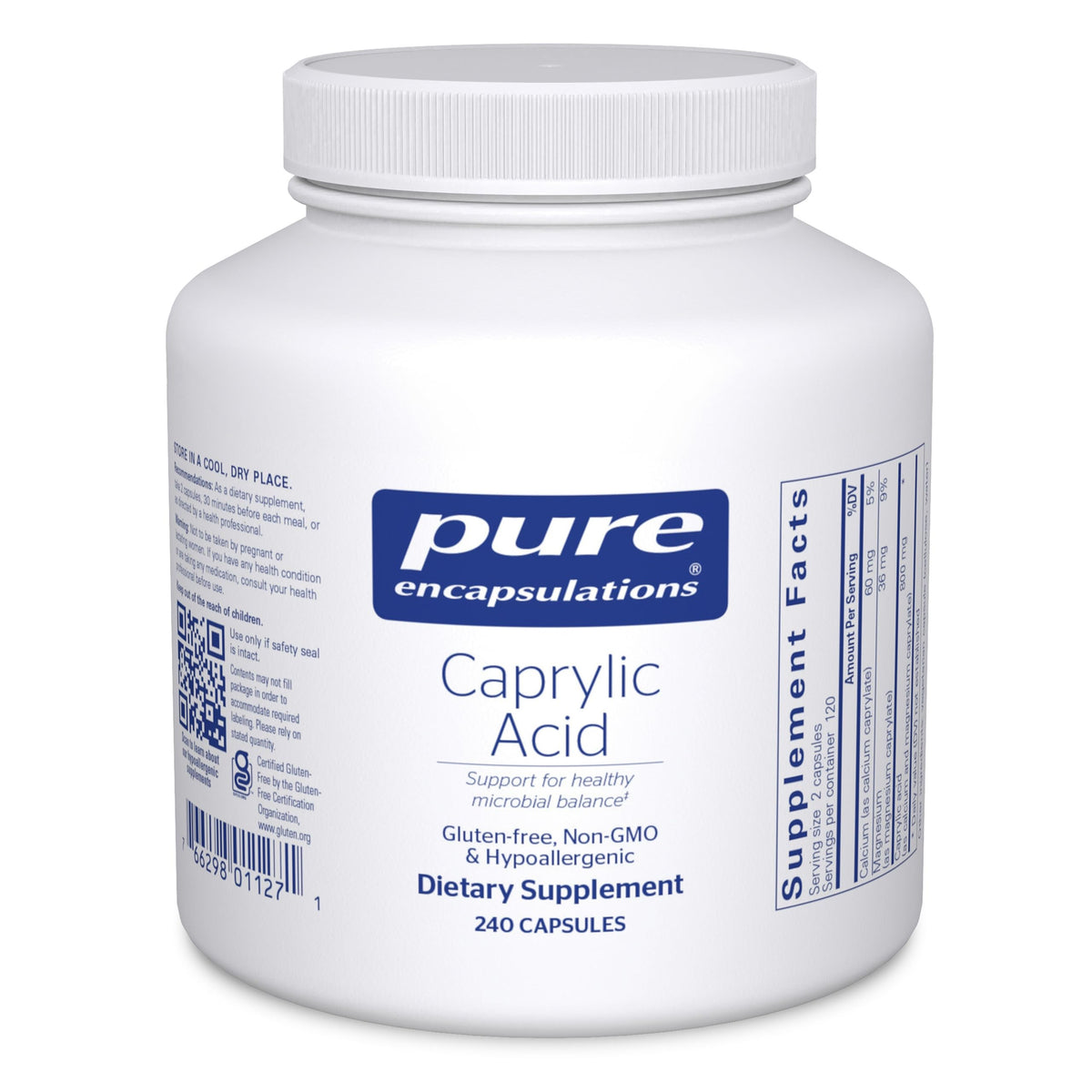 Pure Encapsulations Caprylic Acid bottle front, promoting GI balance and daily digestive support.