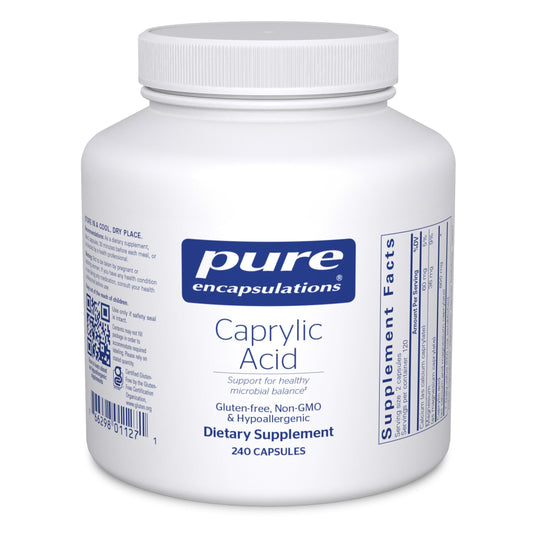 Pure Encapsulations Caprylic Acid bottle front, promoting GI balance and daily digestive support.