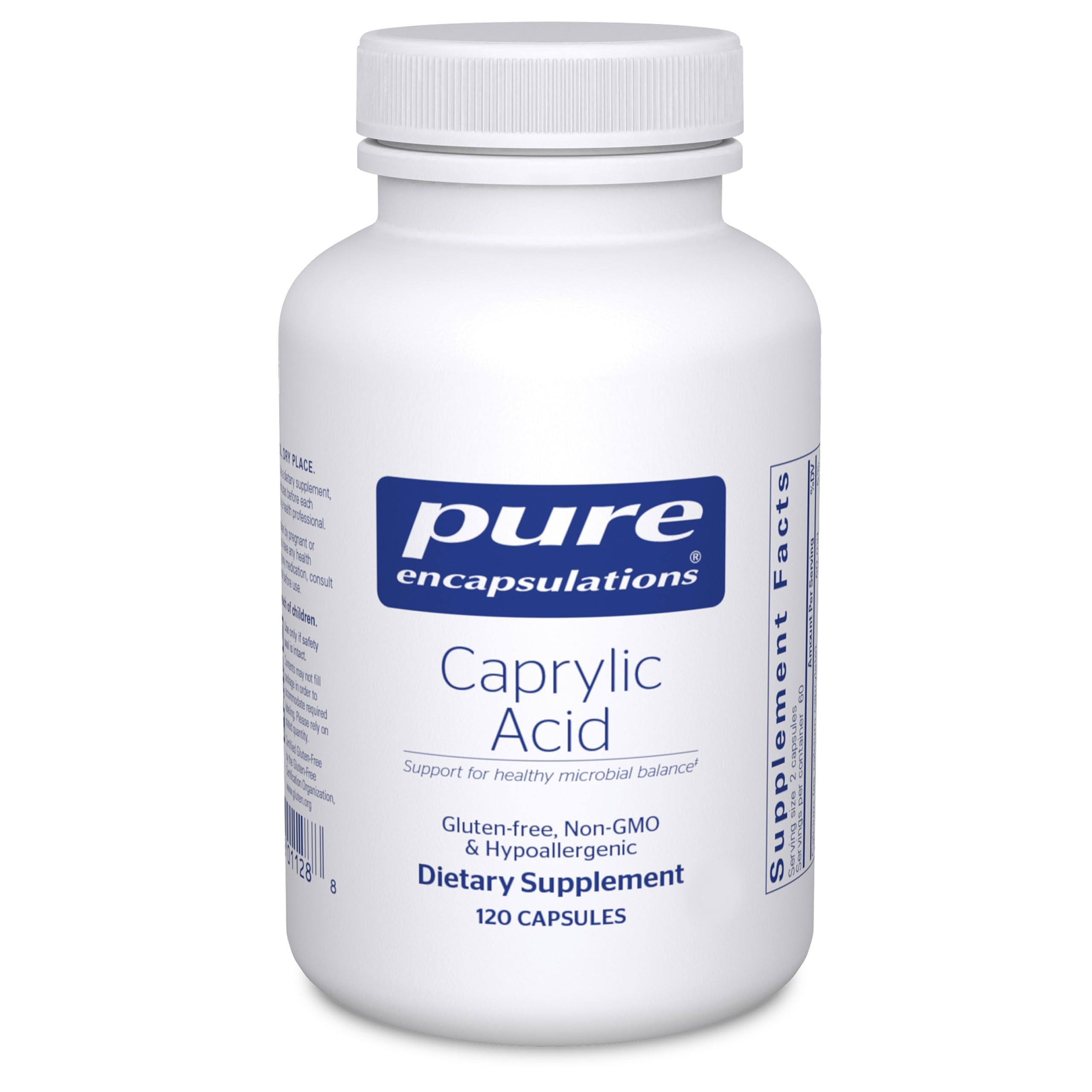 Pure Encapsulations Caprylic Acid bottle front, gentle gut balance