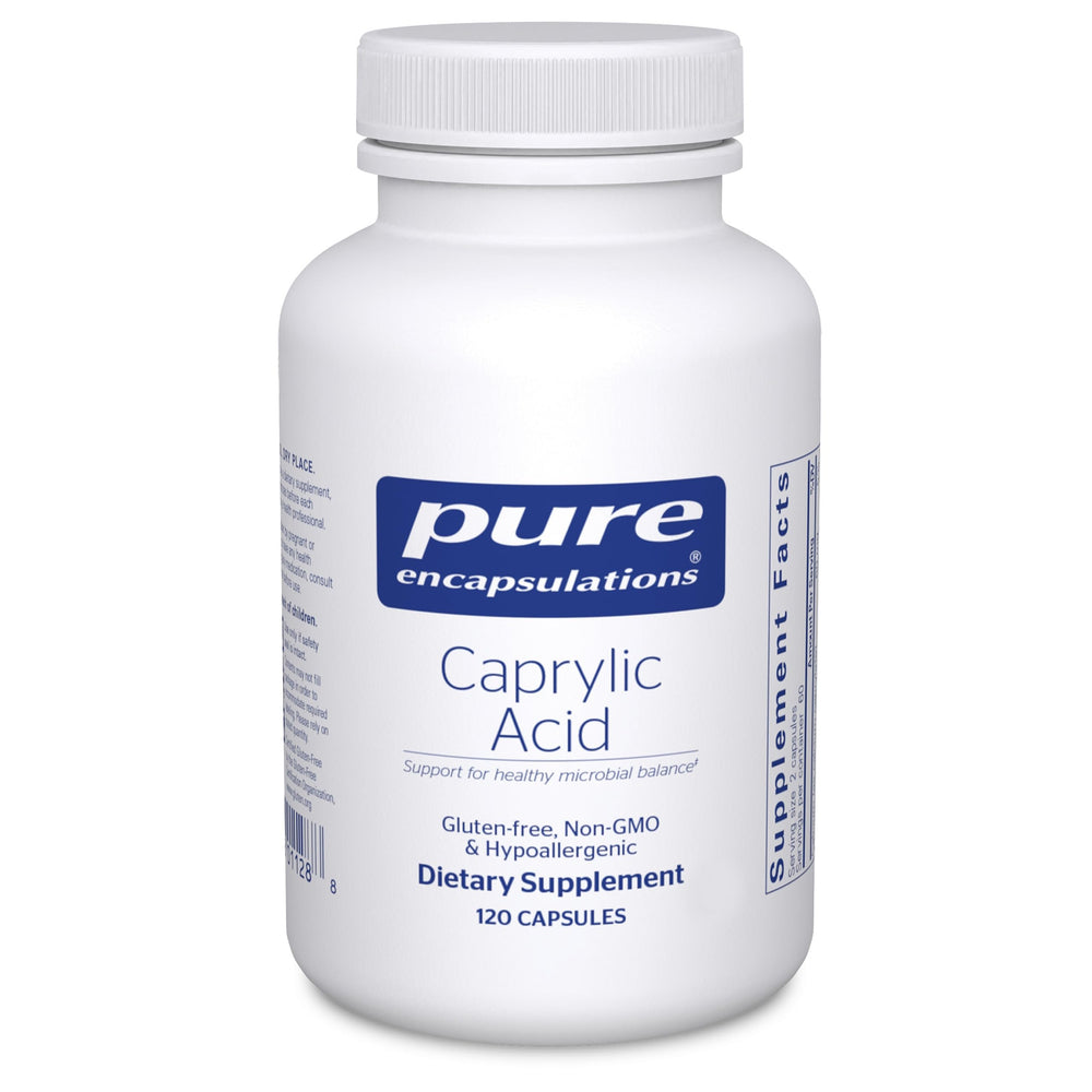 Pure Encapsulations Caprylic Acid bottle front, gentle gut balance