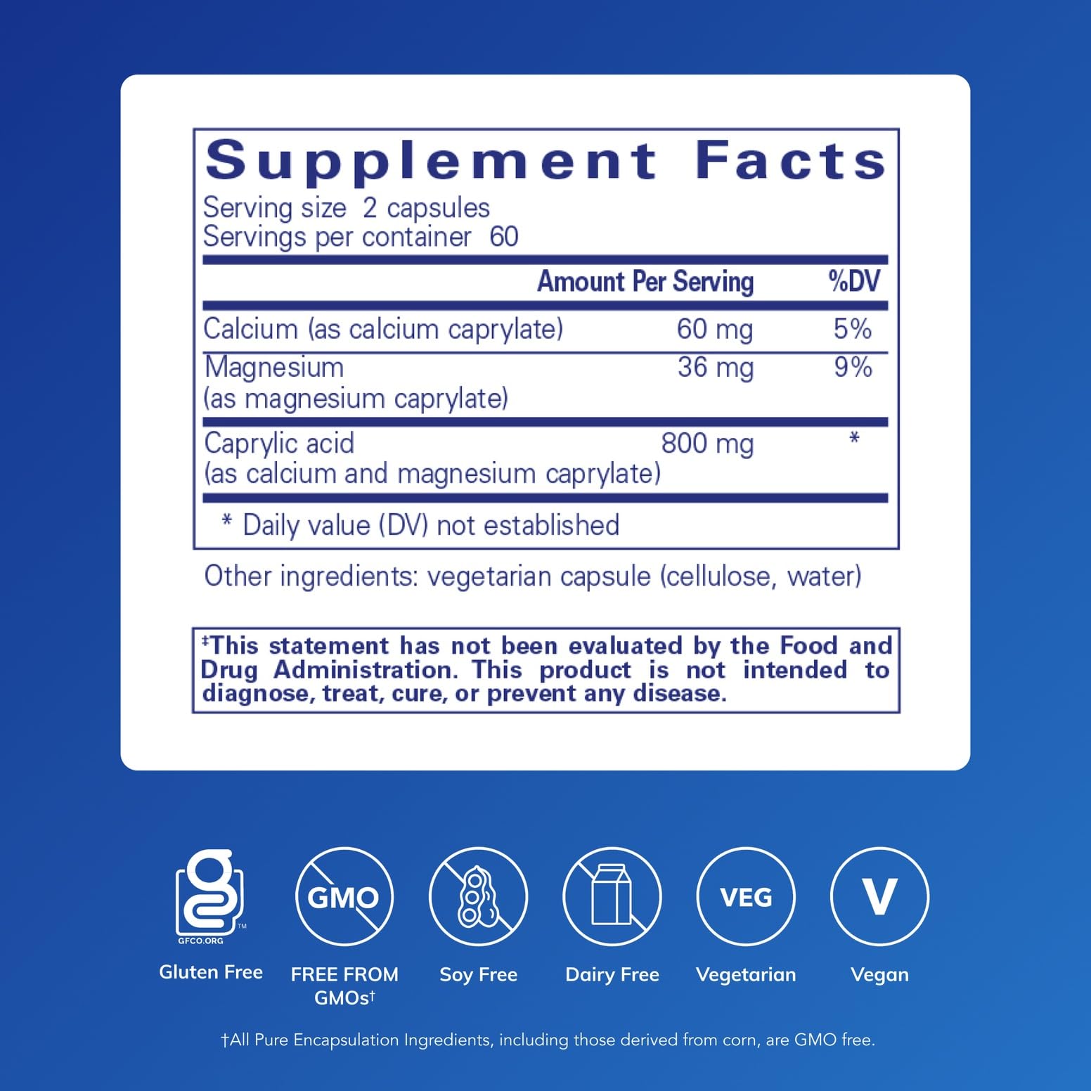 Pure Encapsulations Caprylic Acid bottle label with ingredients and purity