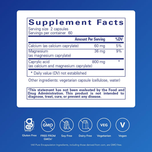 Pure Encapsulations Caprylic Acid bottle label with ingredients and purity