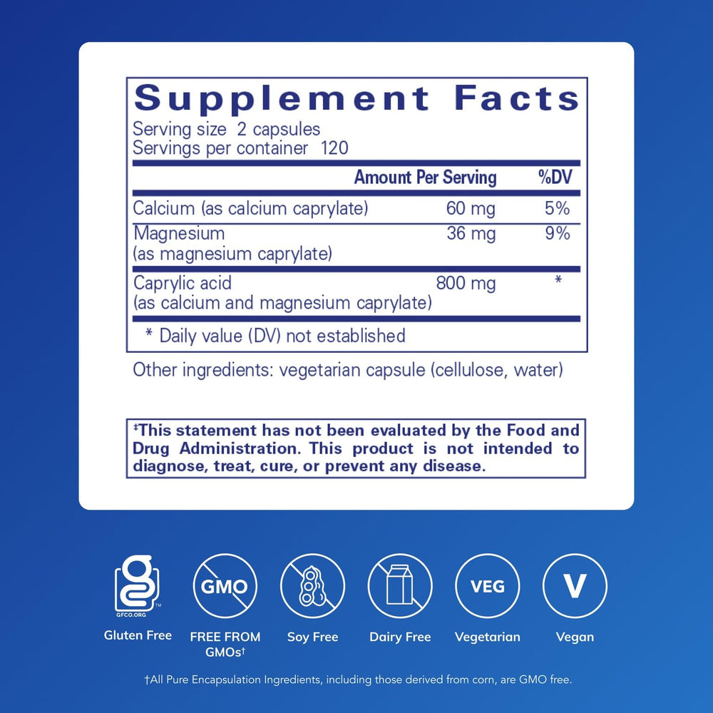 Pure Encapsulations Caprylic Acid capsules closeup, a neat daily supplement for intestinal health.