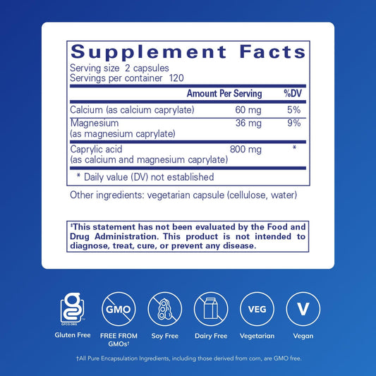 Pure Encapsulations Caprylic Acid capsules closeup, a neat daily supplement for intestinal health.