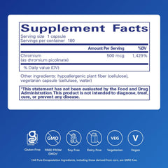 Chromium Picolinate bottle back with ingredients and allergen-free profile