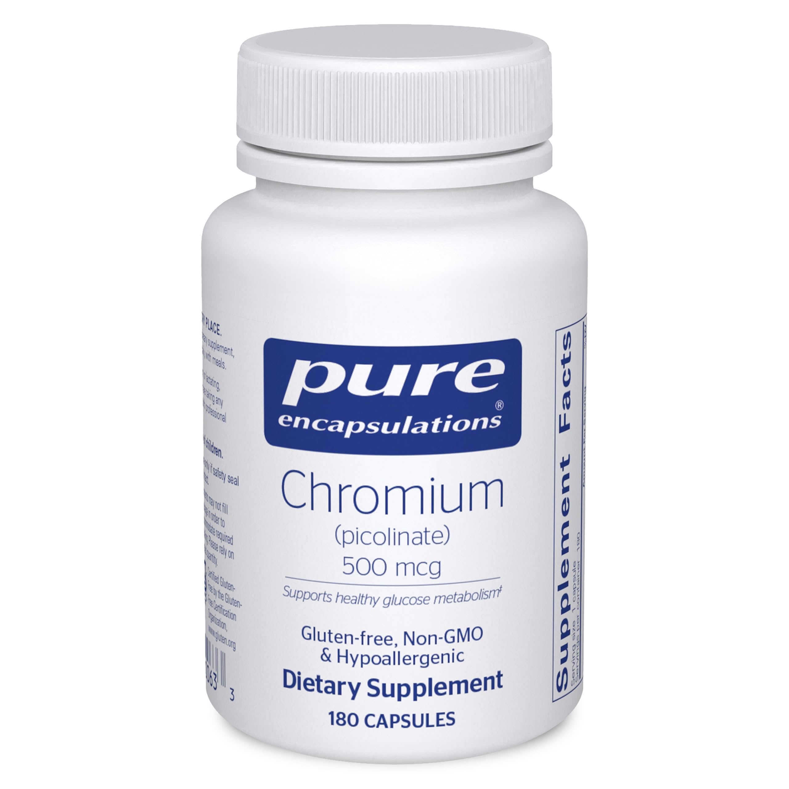 Pure Encapsulations Chromium Picolinate bottle front showing metabolism support in vegan formula