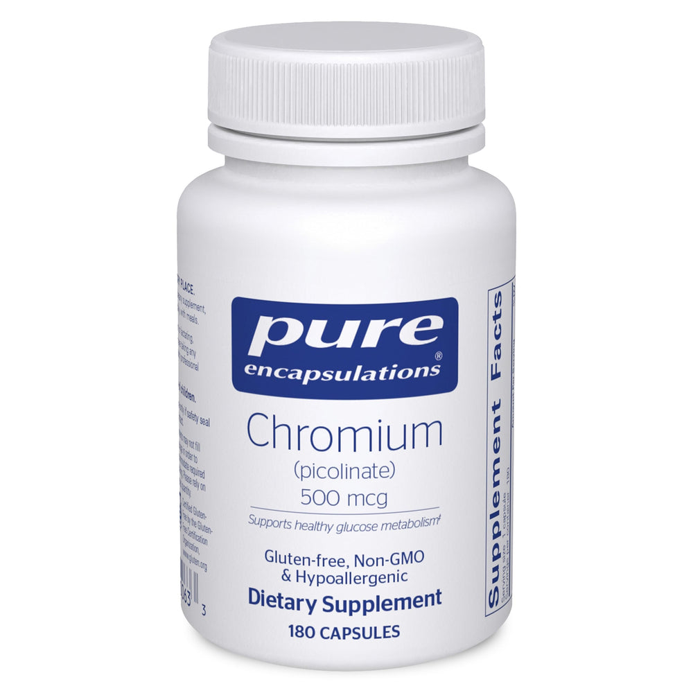 Pure Encapsulations Chromium Picolinate bottle front showing metabolism support in vegan formula