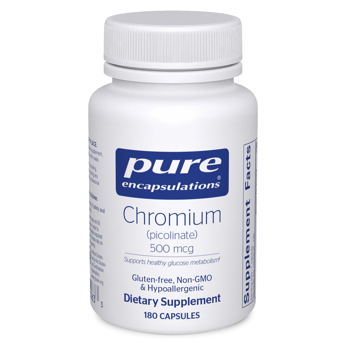 Pure Encapsulations Chromium Picolinate bottle front showing metabolism support in vegan formula