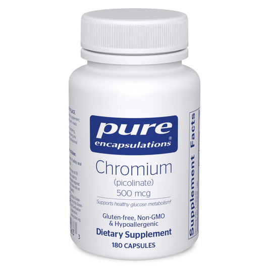 Pure Encapsulations Chromium Picolinate bottle front showing metabolism support in vegan formula