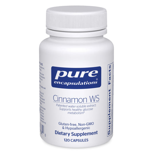 Pure Encapsulations Cinnamon WS bottle with label highlighting metabolism support.