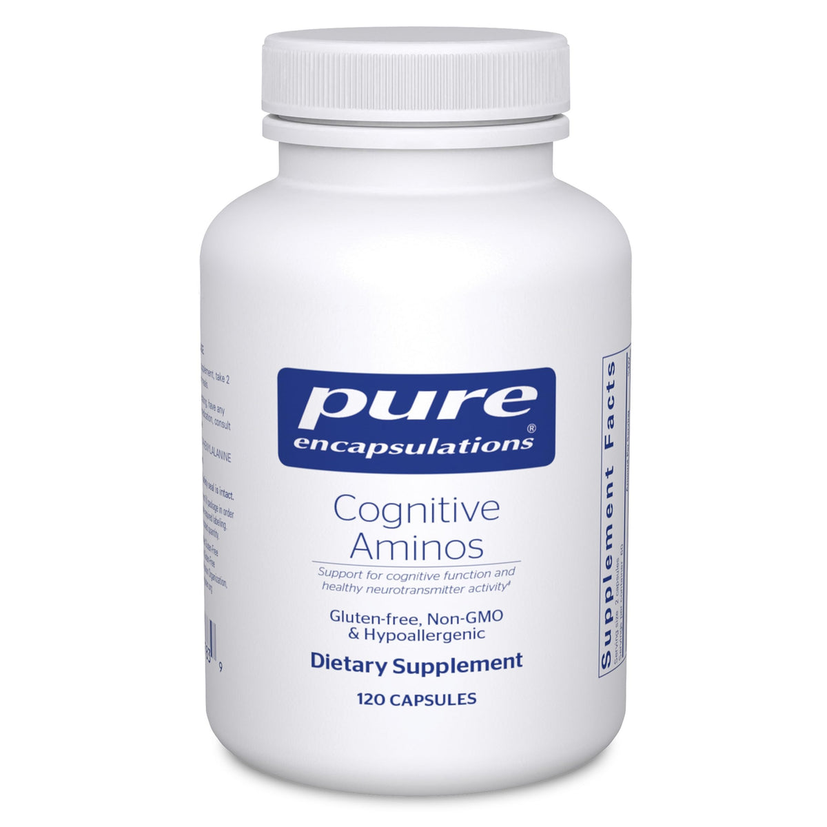 Pure Encapsulations Cognitive Aminos bottle label highlighting hypoallergenic cognitive support.