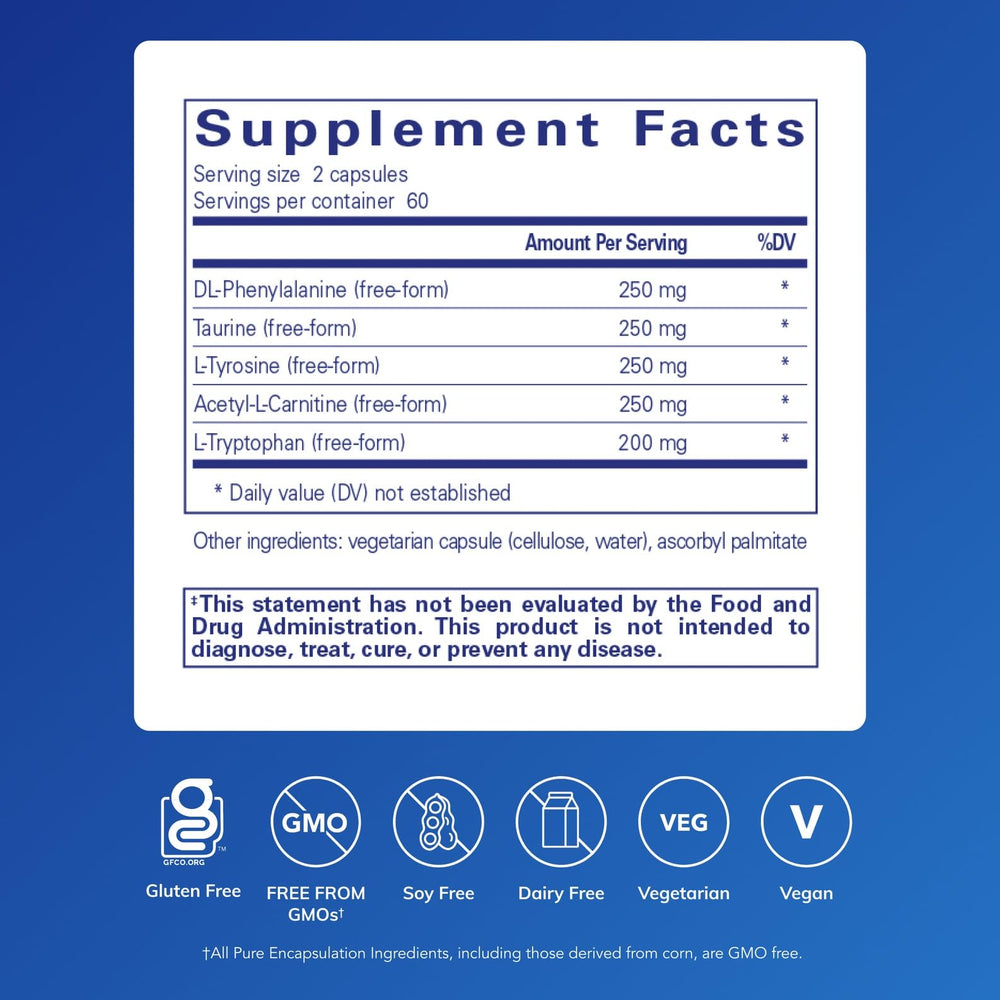 Pure Encapsulations Cognitive Aminos capsules closeup showing daily focus and memory support.