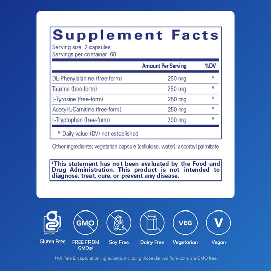 Pure Encapsulations Cognitive Aminos capsules closeup showing daily focus and memory support.