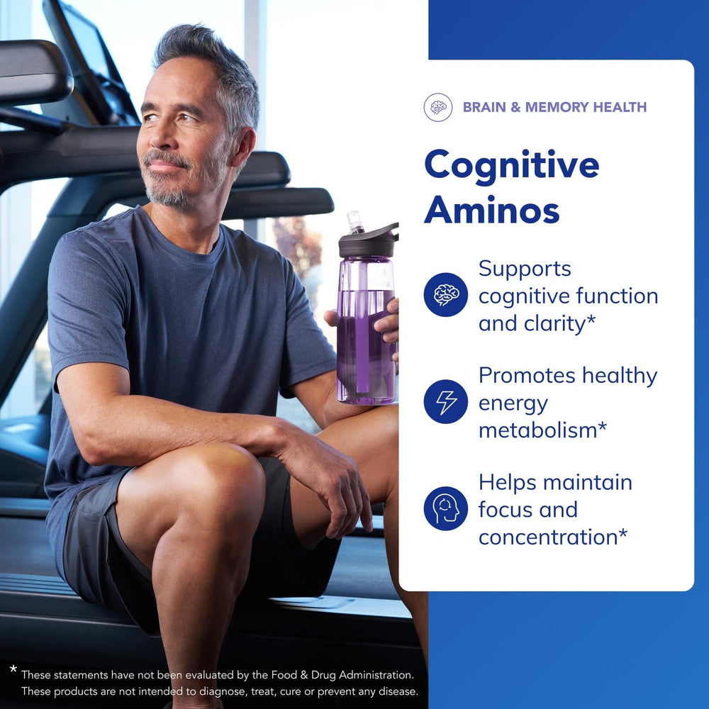 Pure Encapsulations Cognitive Aminos packaging front promotes clean allergen-free quality for mindful routines.