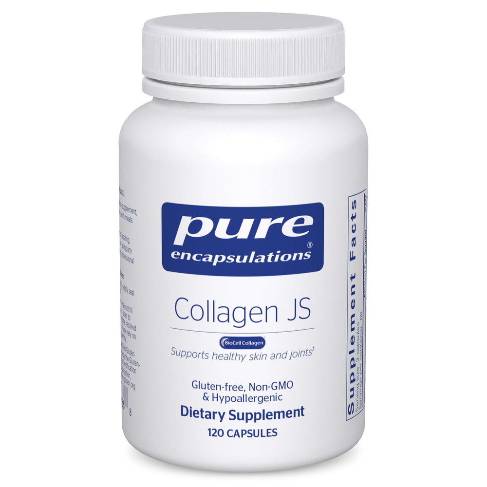 Pure Encapsulations Collagen JS bottle closeup for joint and skin support.