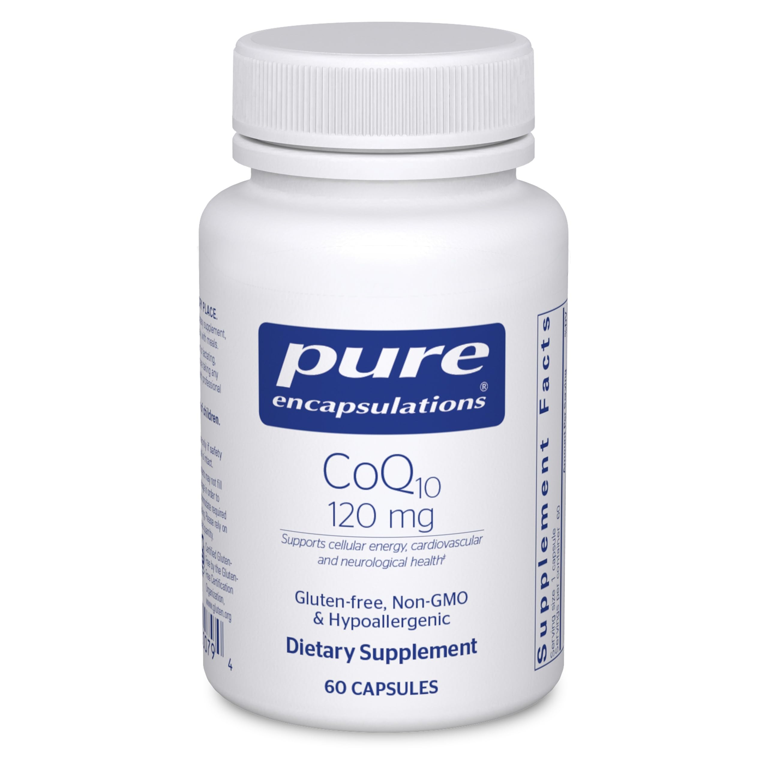 Pure Encapsulations CoQ10 120 mg bottle on a clean surface, signaling cardiovascular support.