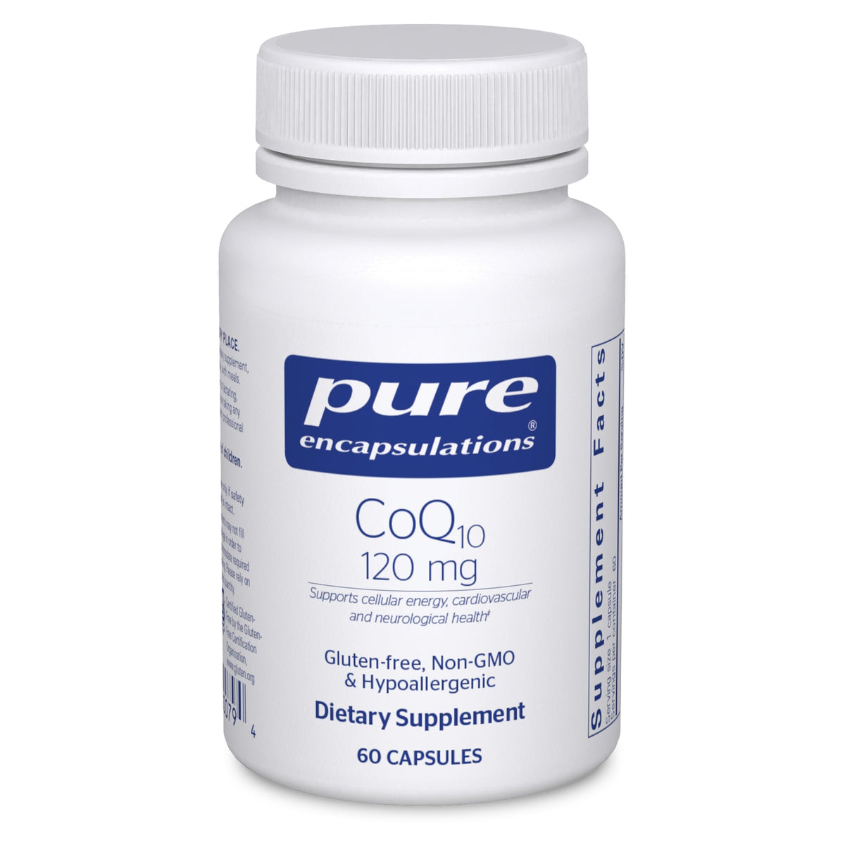 Pure Encapsulations CoQ10 120 mg bottle on a clean surface, signaling cardiovascular support.