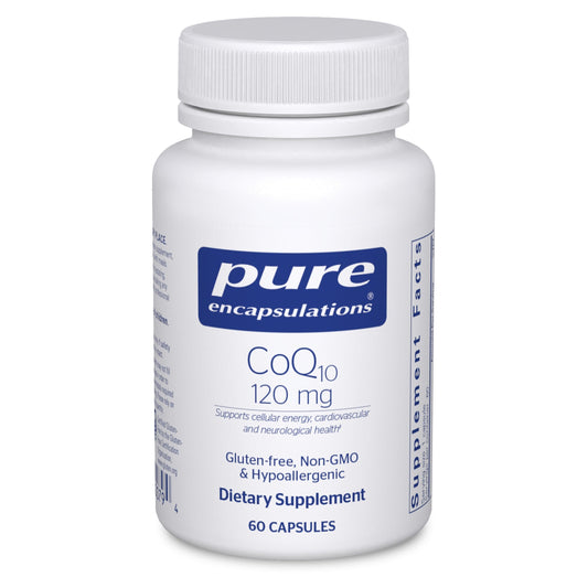 Pure Encapsulations CoQ10 120 mg bottle on a clean surface, signaling cardiovascular support.