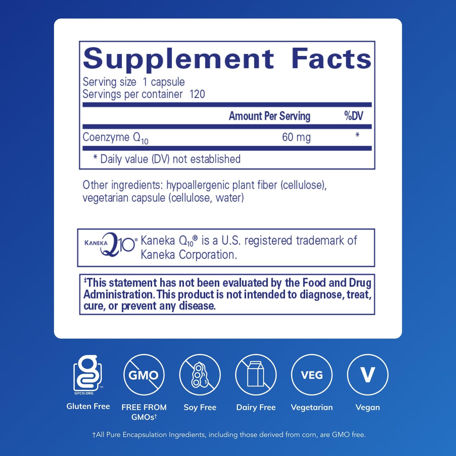 CoQ10 60 mg bottle side label close-up highlighting potency and purity