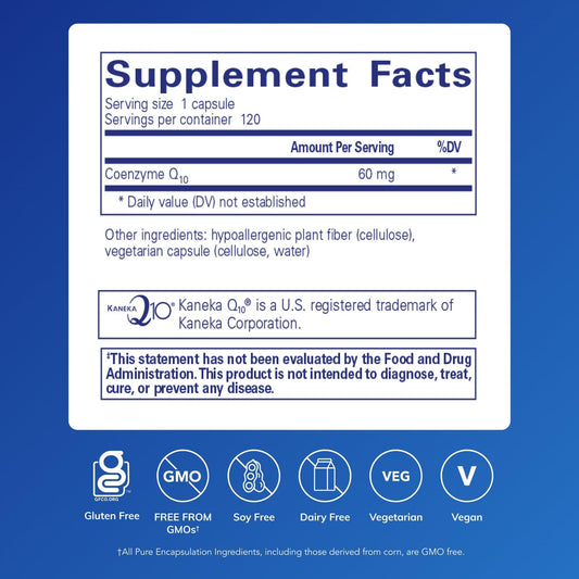 CoQ10 60 mg bottle side label close-up highlighting potency and purity