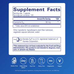 CoQ10 60 mg bottle side label close-up highlighting potency and purity