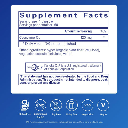 Pure Encapsulations CoQ10 capsules neatly arranged, highlighting daily energy support.