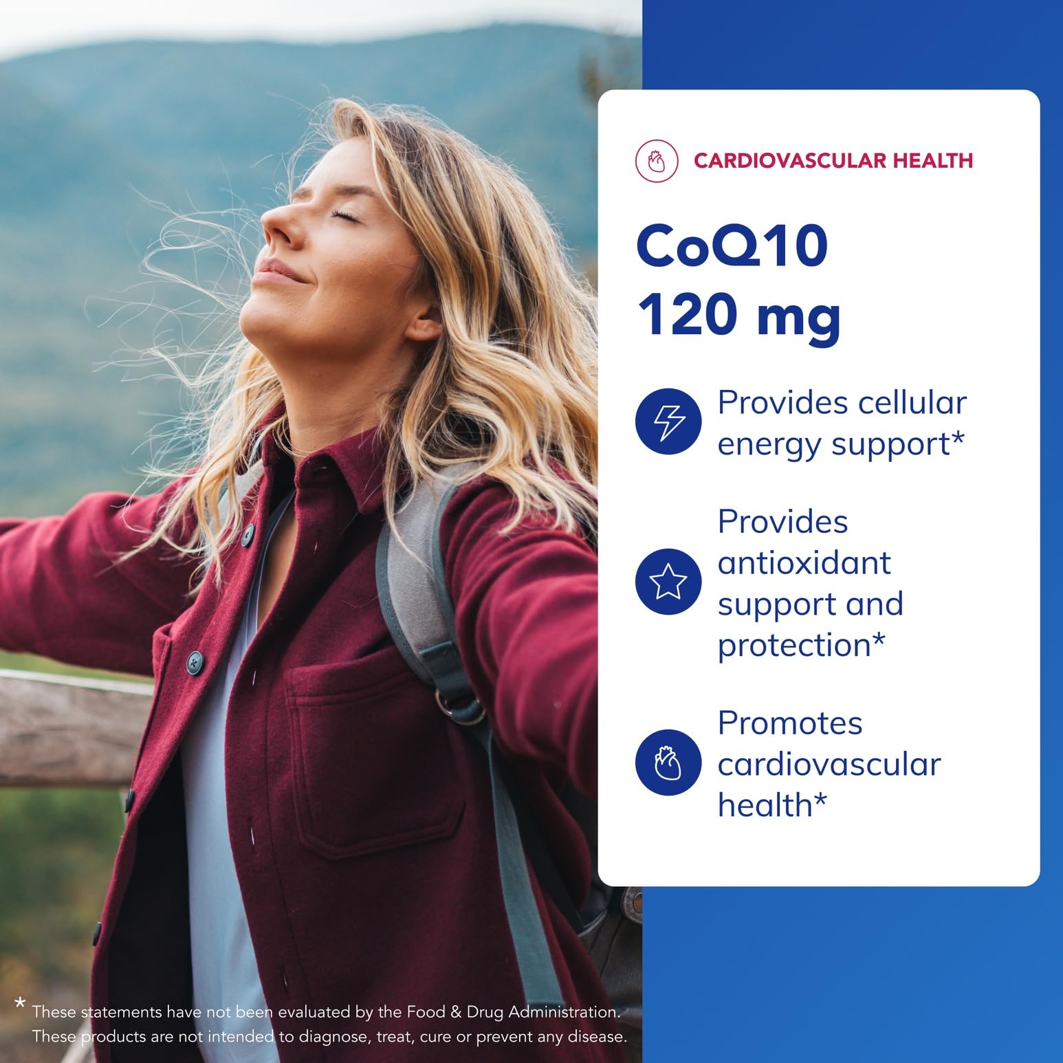 Close-up of CoQ10 label on bottle, emphasizing antioxidant support.