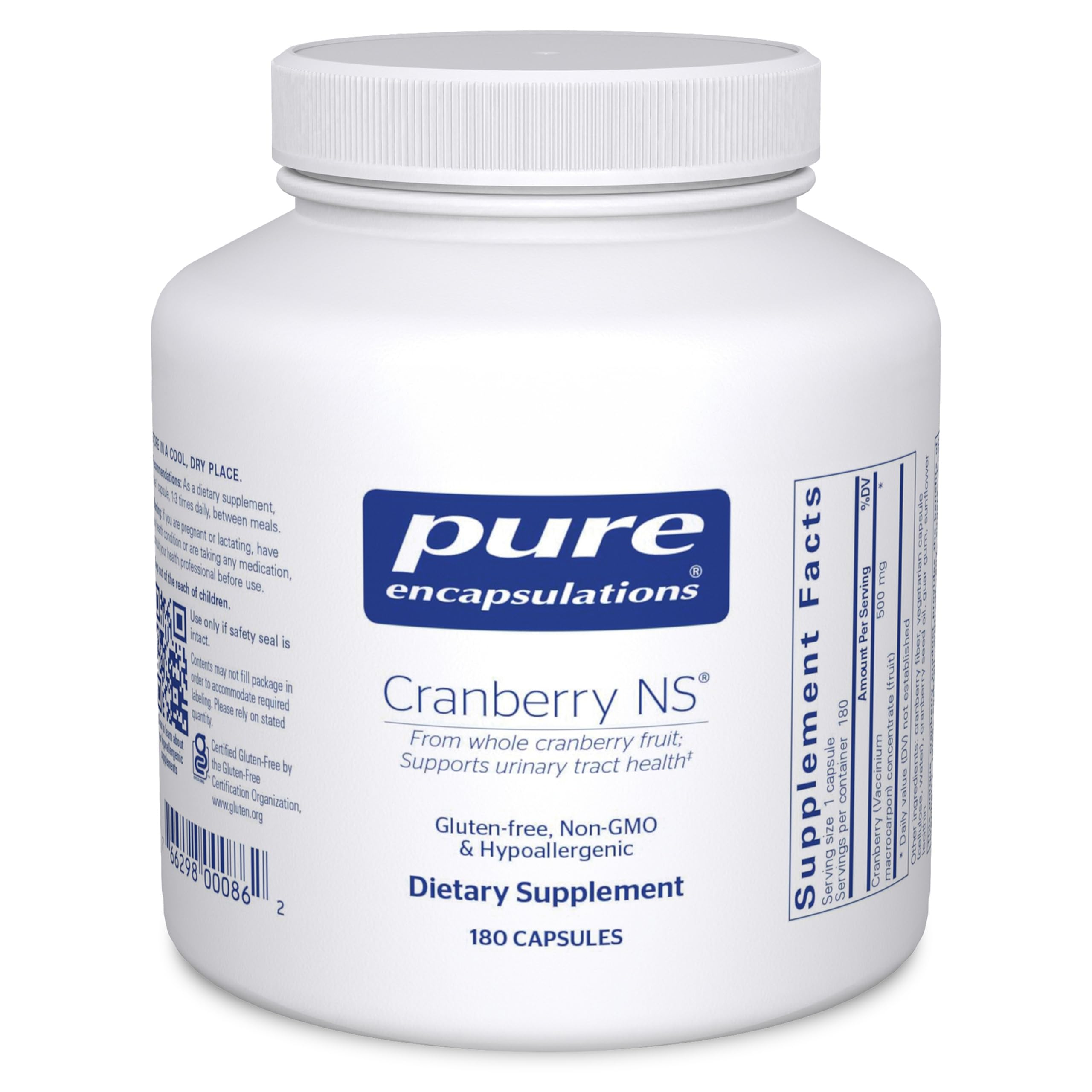 Pure Encapsulations Cranberry NS bottle front promotes urinary tract health with hypoallergenic ingredients.