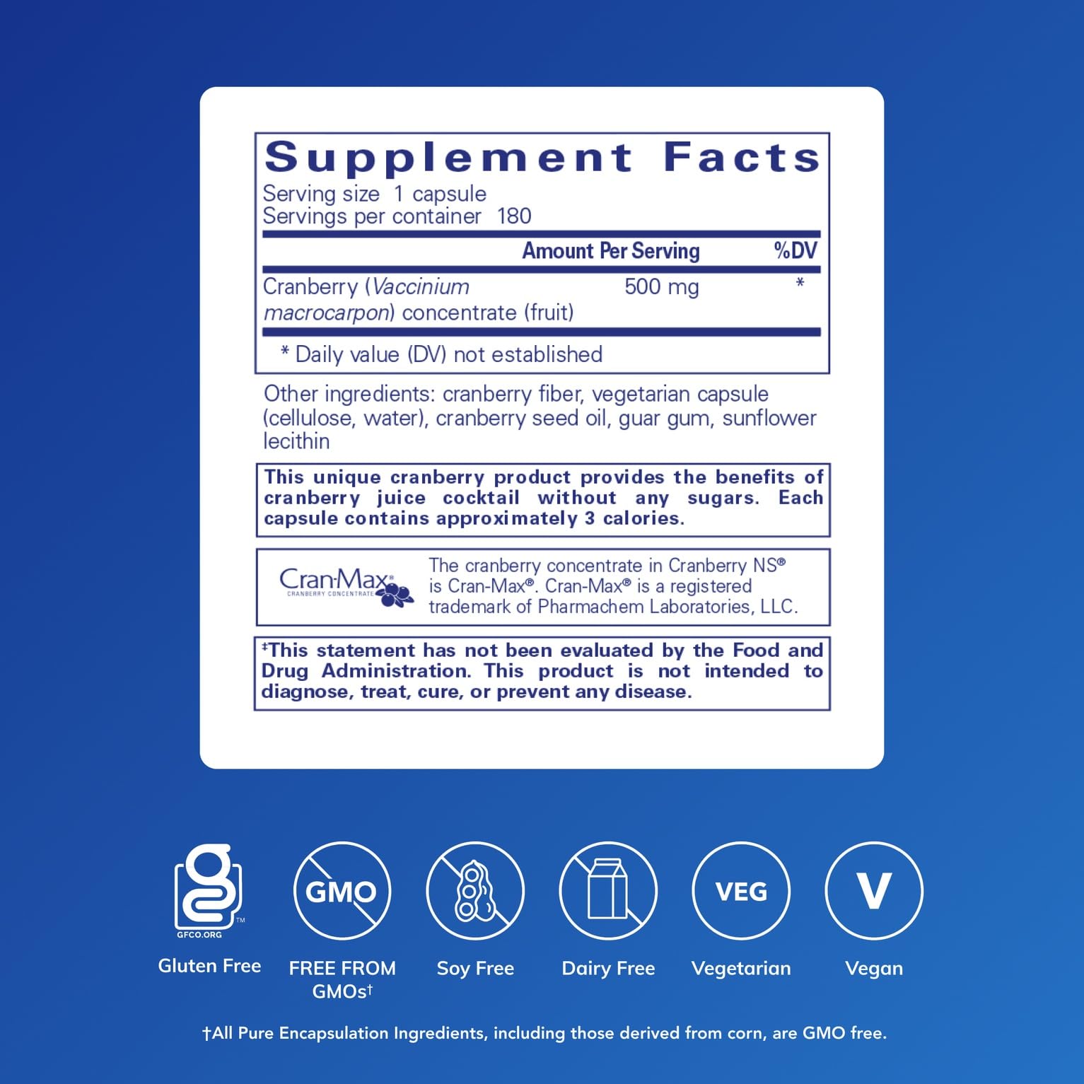 Pure Encapsulations Cranberry NS bottle label highlights 180 capsules for daily urinary health.