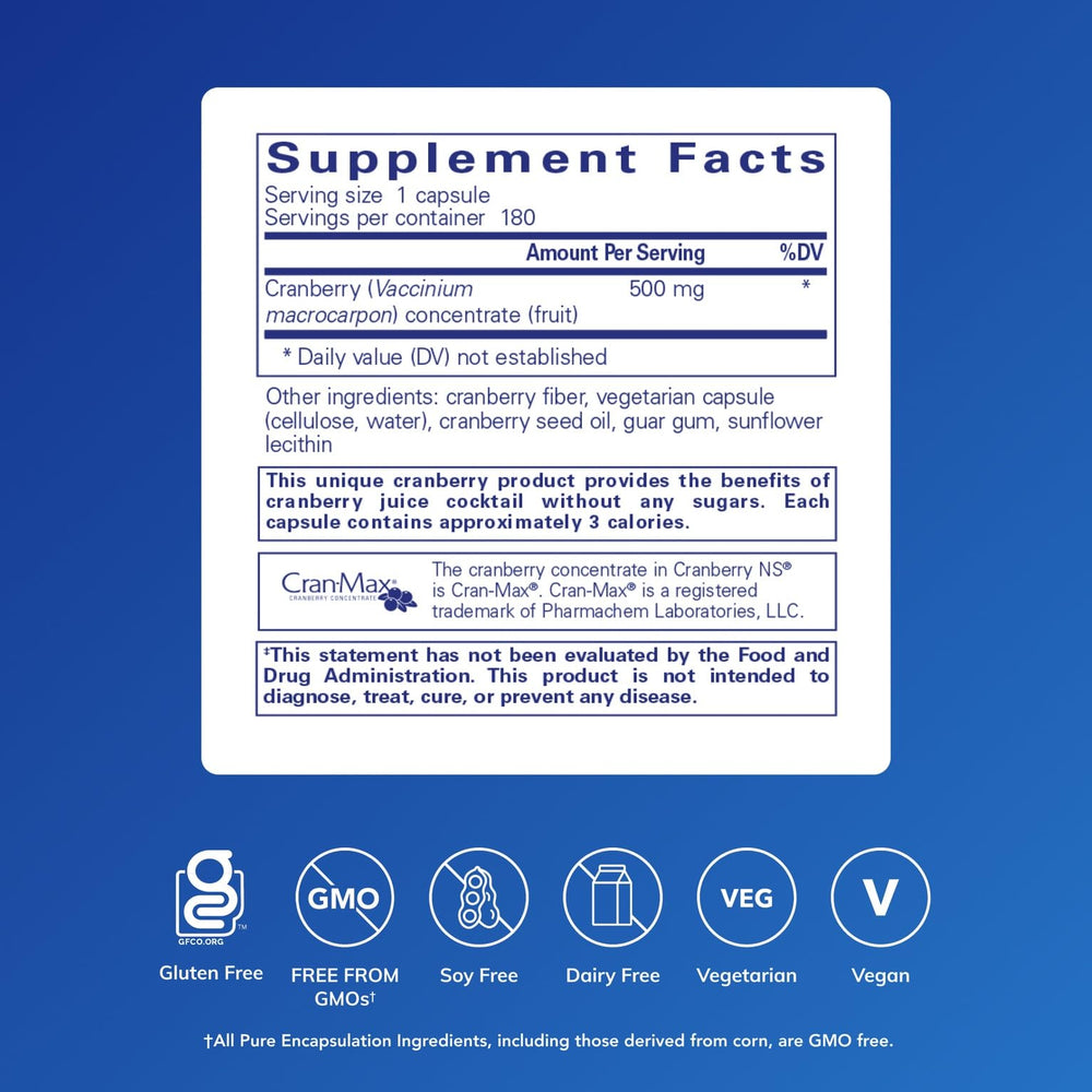 Pure Encapsulations Cranberry NS bottle label highlights 180 capsules for daily urinary health.