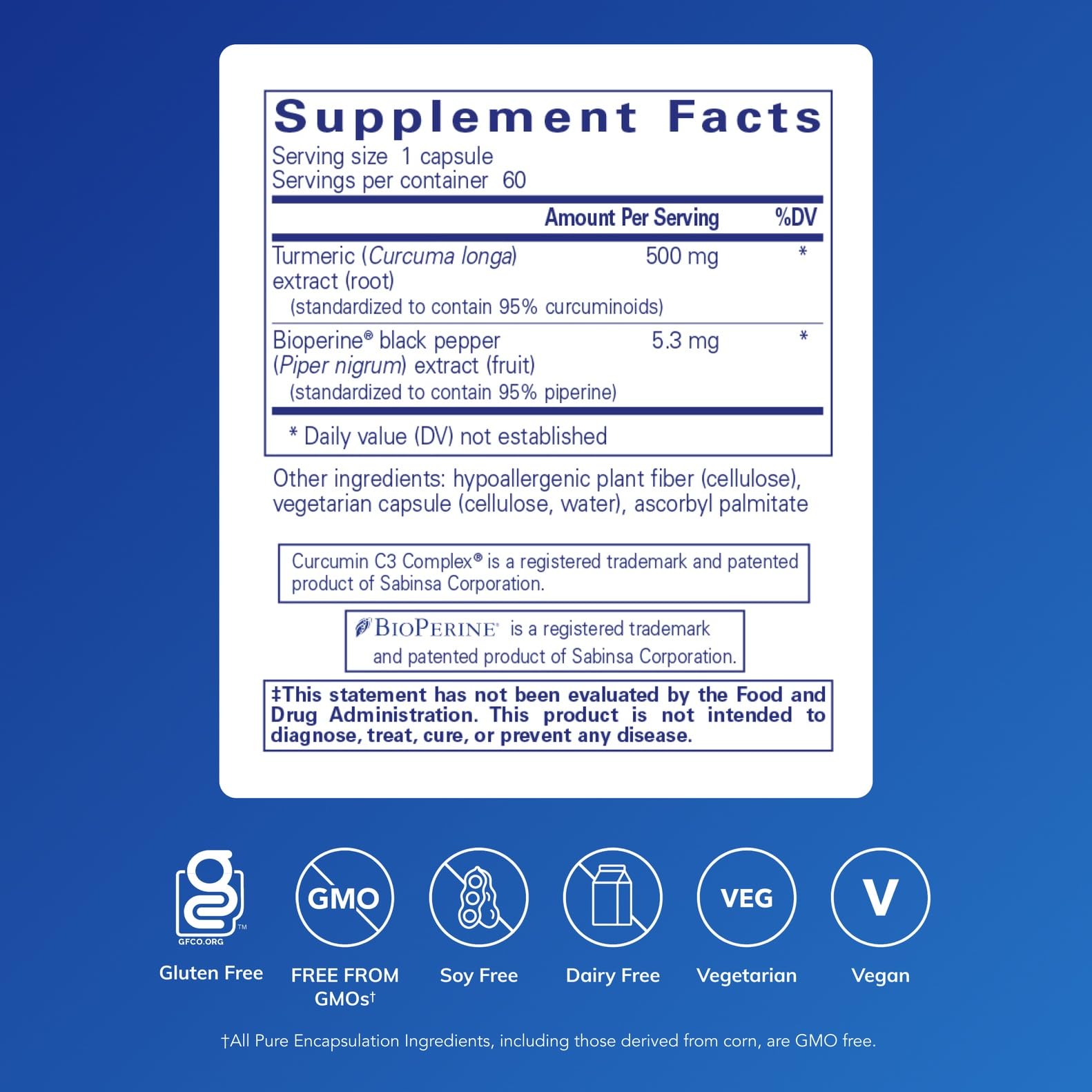 Pure Encapsulations Curcumin 500 capsules closeup highlighting turmeric with Bioperine