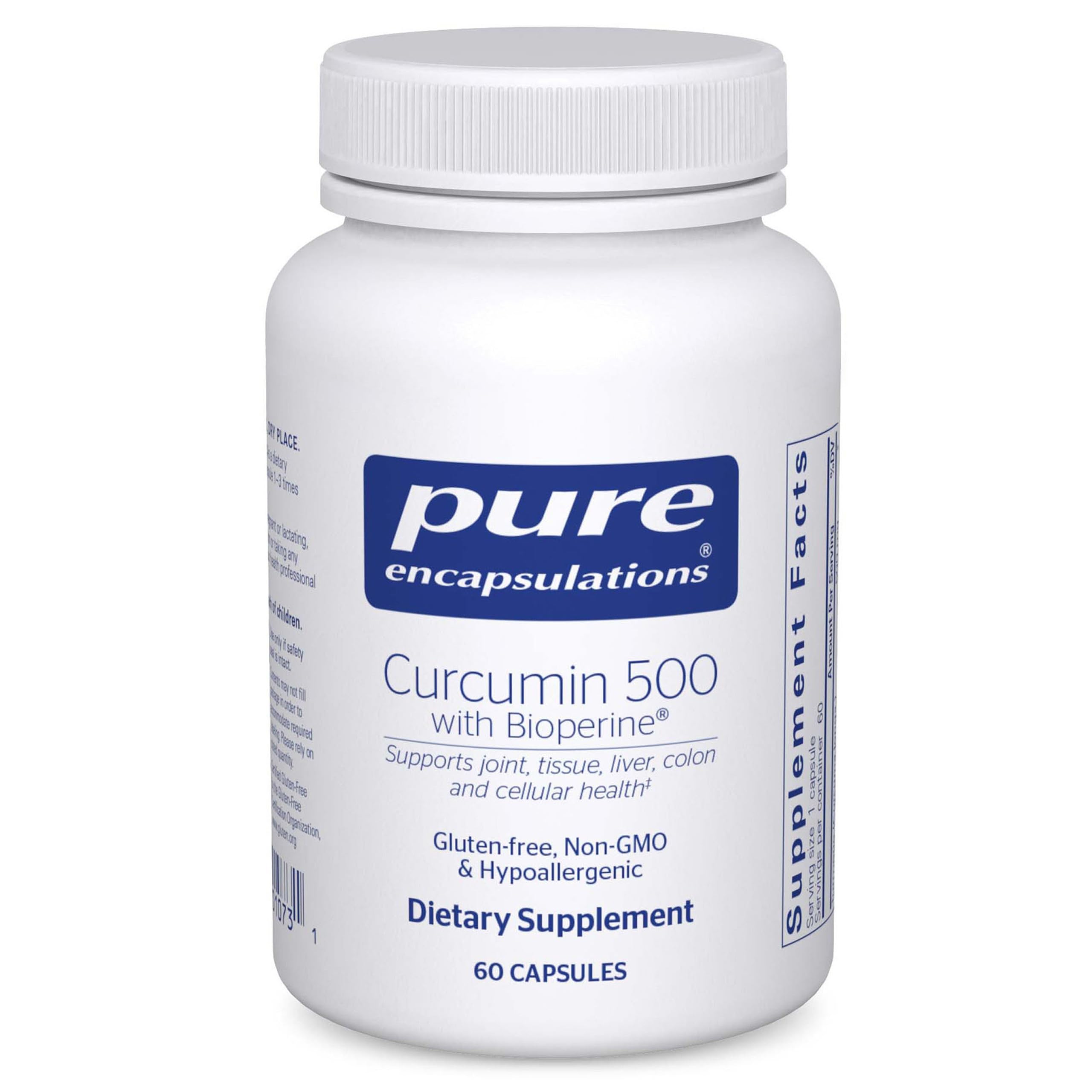 Pure Encapsulations Curcumin 500 turmeric bottle for easy daily dosing and antioxidant support