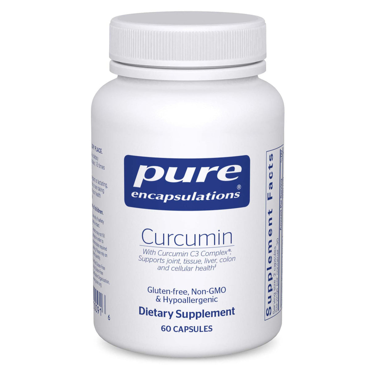 Pure Encapsulations Curcumin 500mg bottle close-up for convenient daily capsule use.