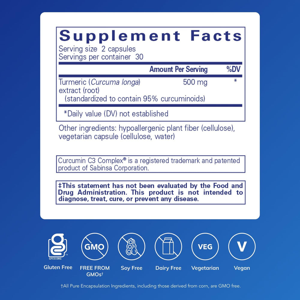 Pure Encapsulations Curcumin capsules display vegan and non-GMO formulation.