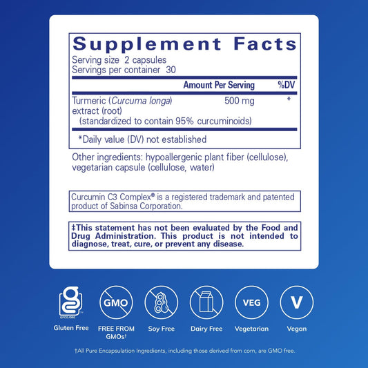 Pure Encapsulations Curcumin capsules display vegan and non-GMO formulation.