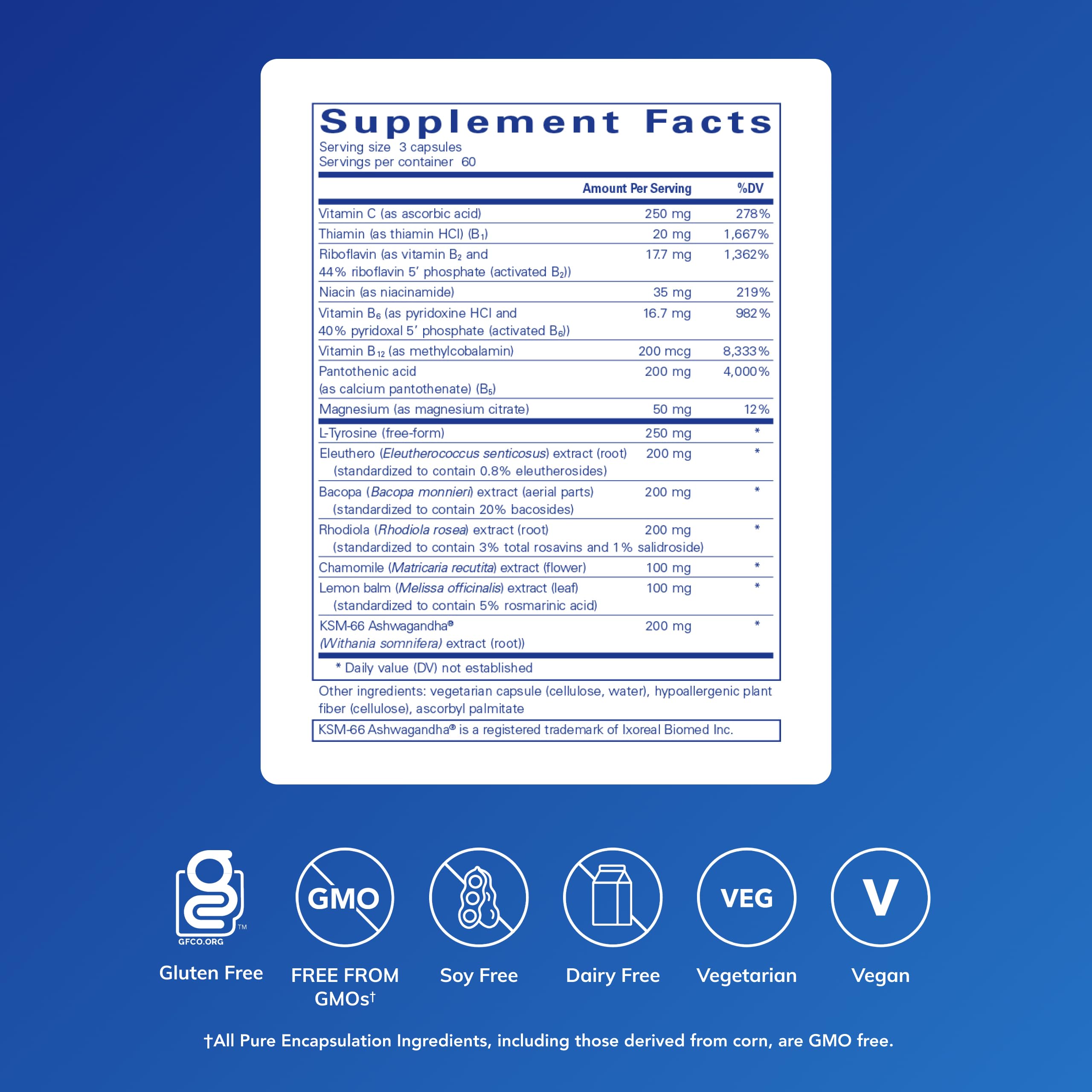 Pure Encapsulations Daily Stress Formula capsules closeup for easy daily use during mild stress.
