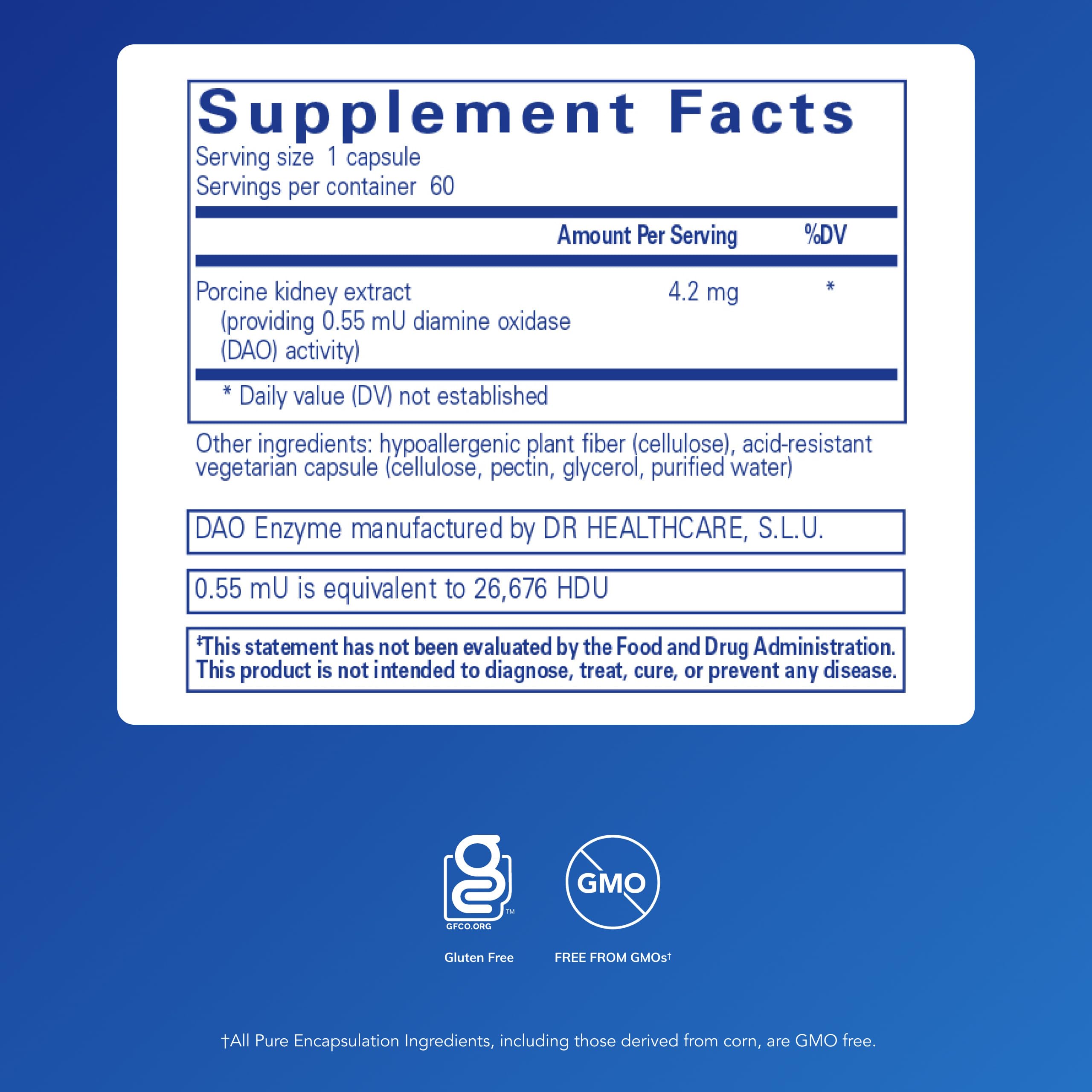 Pure Encapsulations DAO Enzyme bottle back highlighting allergen-free formulation.