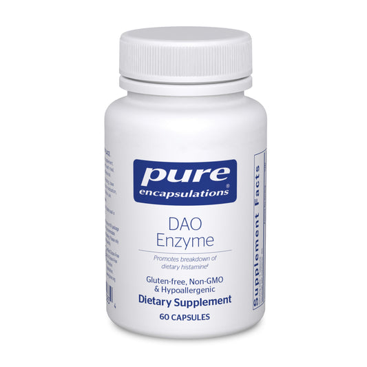 Pure Encapsulations DAO Enzyme bottle front showing support for comfortable digestion.