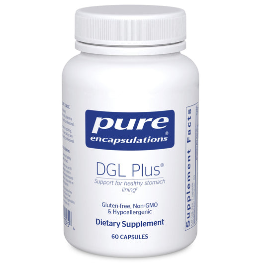 Pure Encapsulations DGL Plus bottle front for gut health support in a vegan, non-GMO formula.