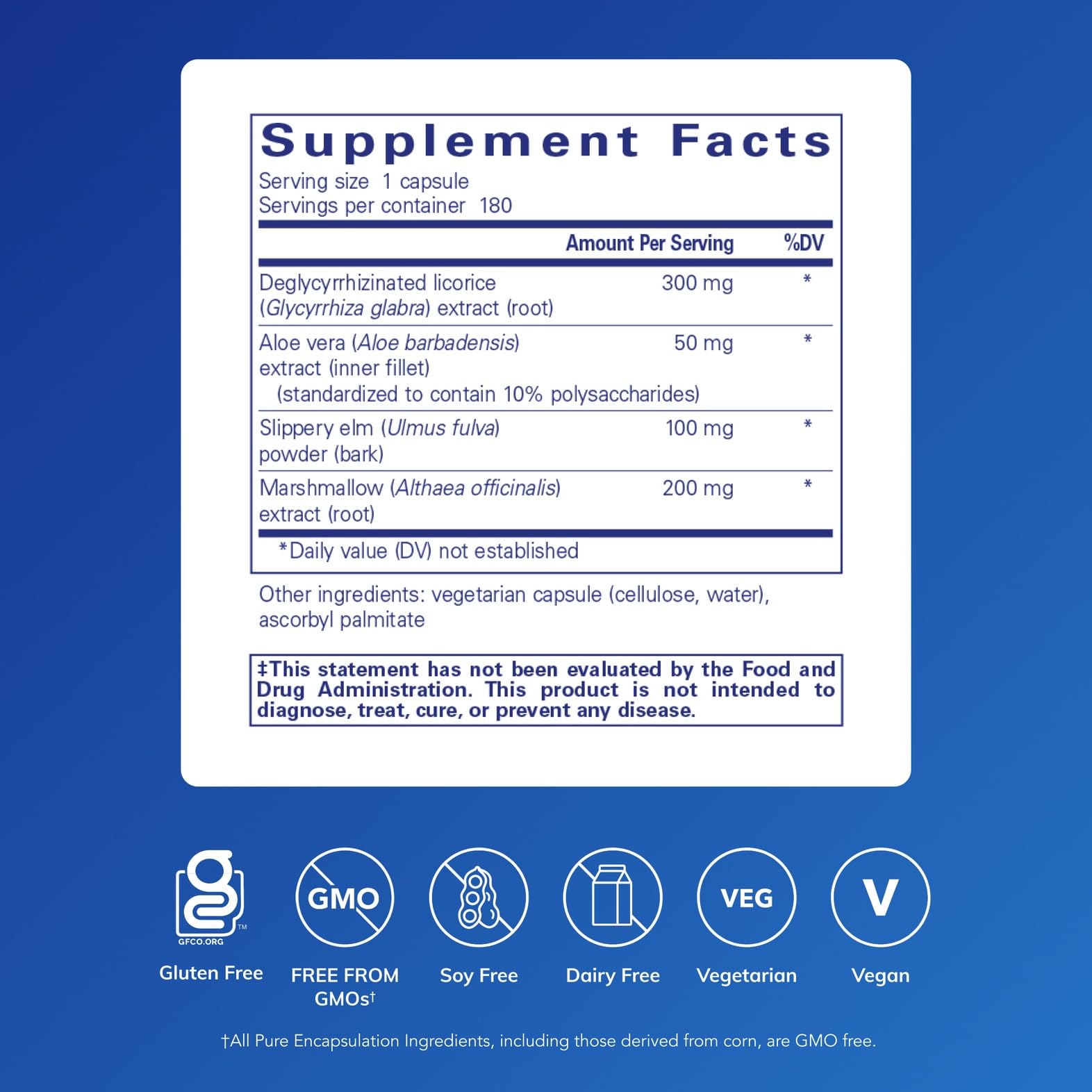 Pure Encapsulations DGL Plus bottle side highlighting vegan non-GMO formula
