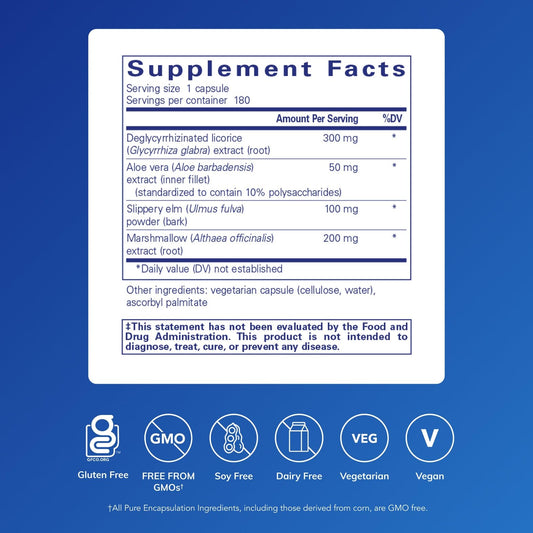 Pure Encapsulations DGL Plus bottle side highlighting vegan non-GMO formula