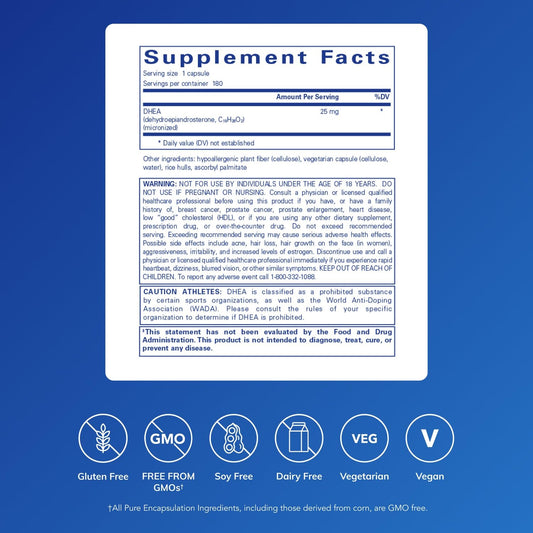 Close-up of Pure Encapsulations DHEA 25mg label emphasizing allergen-free formula