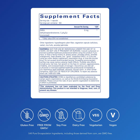 Pure Encapsulations DHEA 5mg bottle shown for easy daily supplementation.