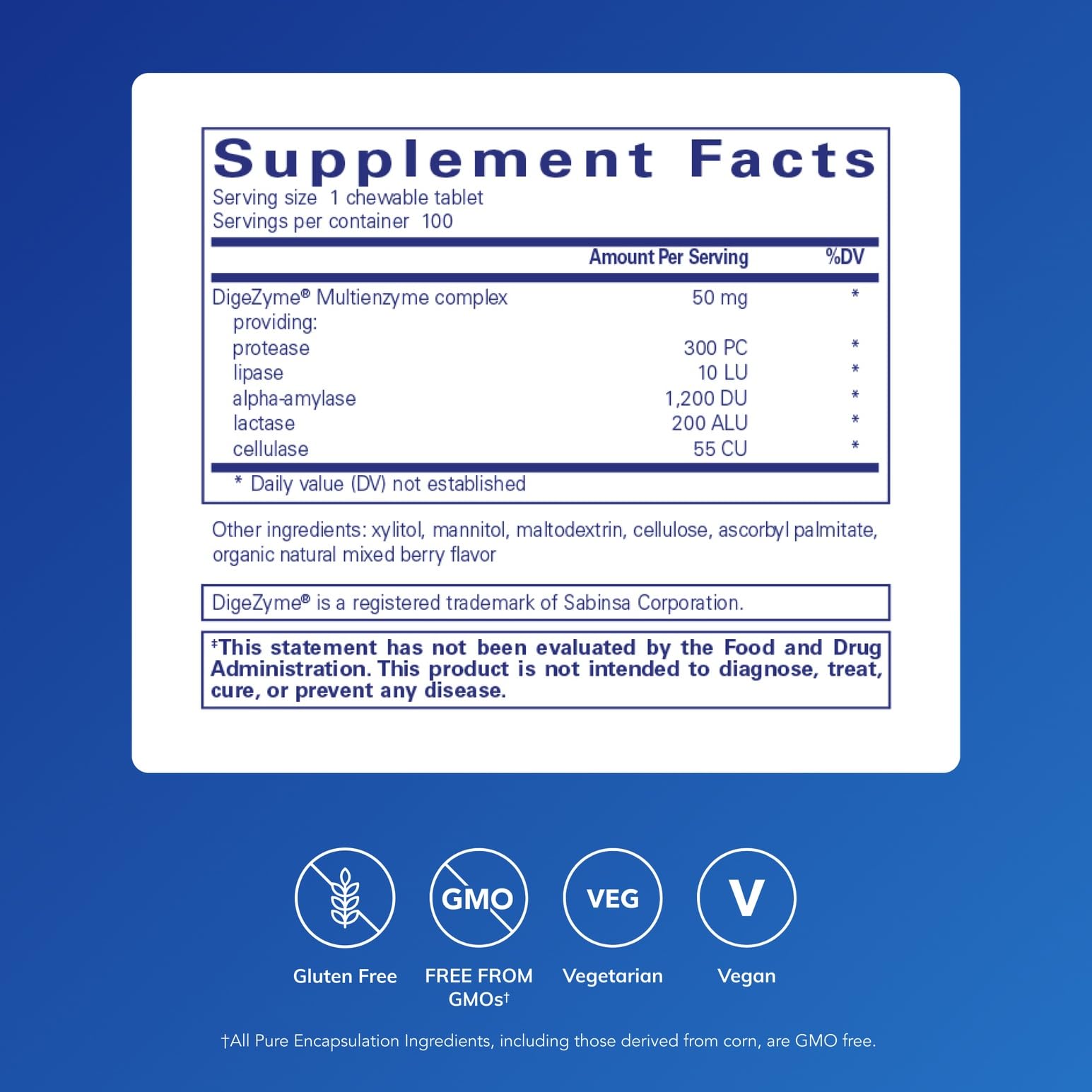 Close-up of Pure Encapsulations Digestive Enzyme Chewables tablets aiding post‑meal digestion.