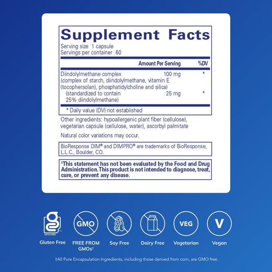Pure Encapsulations DIMPRO 100 bottle label closeup shows gluten free and vegan claims