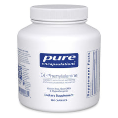 Pure Encapsulations DL-Phenylalanine bottle open shows capsules; supports memory and focus potential.