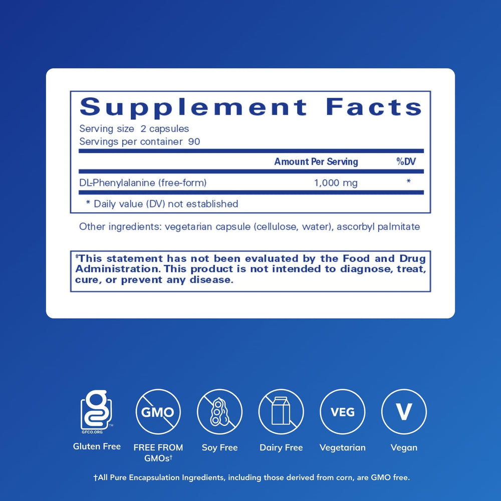 Pure Encapsulations DL-Phenylalanine capsules closeup highlights texture and muscle comfort potential.
