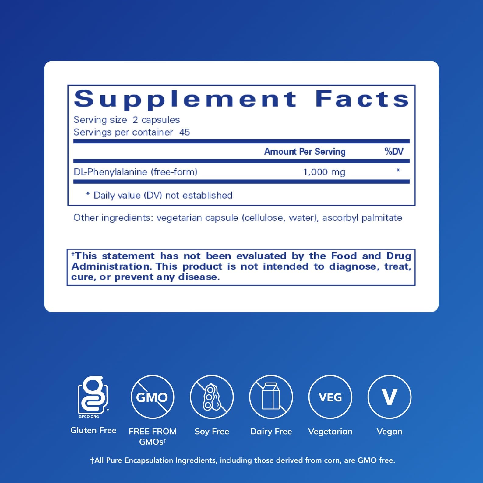 Pure Encapsulations DL-Phenylalanine capsules close-up shows premium ingredients and potency.