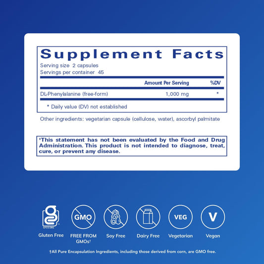 Pure Encapsulations DL-Phenylalanine capsules close-up shows premium ingredients and potency.