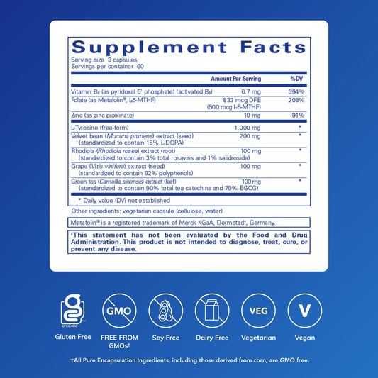 Pure Encapsulations DopaPlus label close-up highlighting vegan formula.